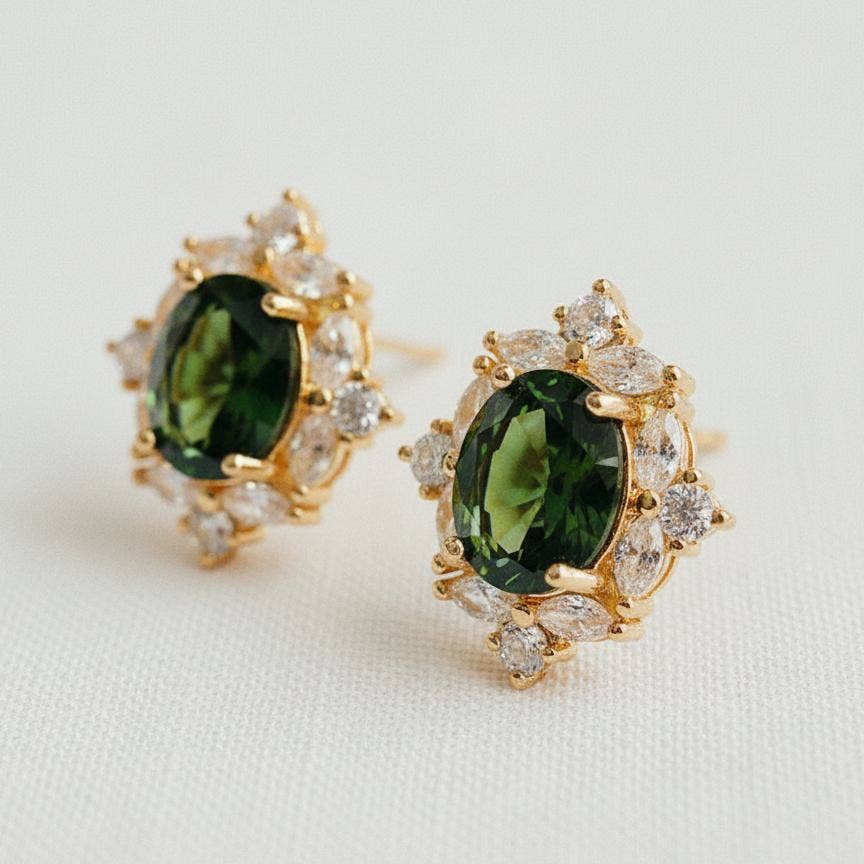 Gold Plated Zircon Stud Earrings in Olive Green