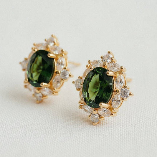 Gold Plated Zircon Stud Earrings in Olive Green
