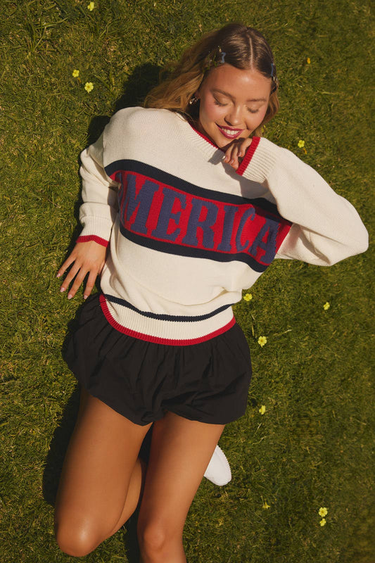 "AMERICA" GRAPHIC LONG SLEEVE CREW NECK SWEATER