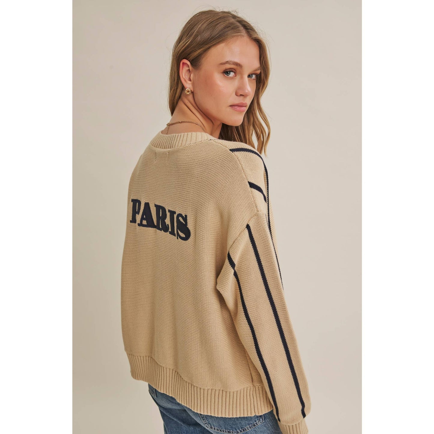 CITY POSTCARD EMBROIDERED STRIPE BUTTON-DOWN CARDIGAN