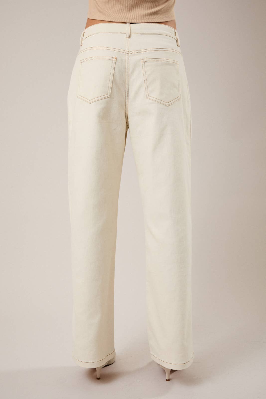 Drawstring Waist Pleated Twill Wide Leg Pants - Cream