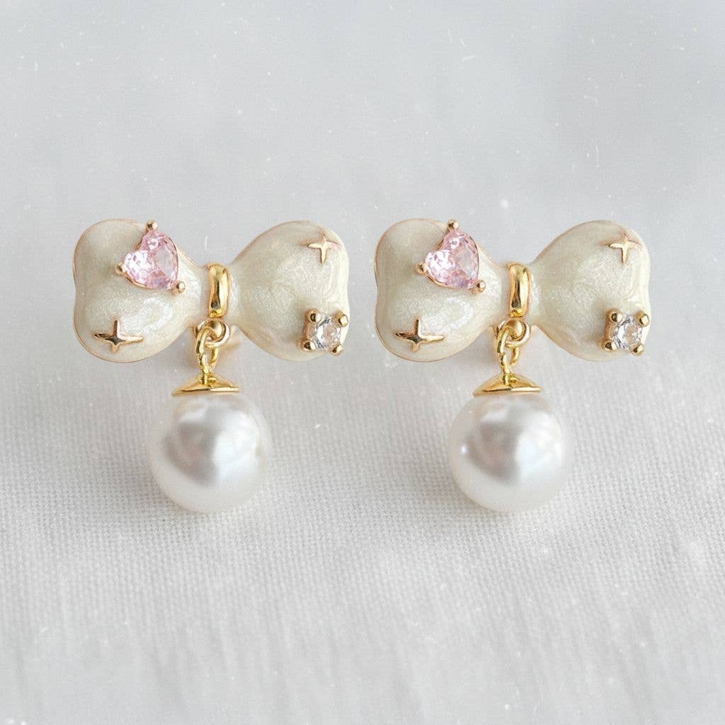 Enamel Cubic Zirconia Bowknot Dangle Earrings