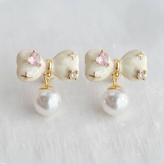 Enamel Cubic Zirconia Bowknot Dangle Earrings