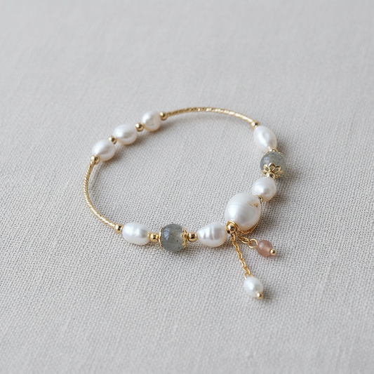 Handcrafted Pearl and Moonstone Stretch Bracelet