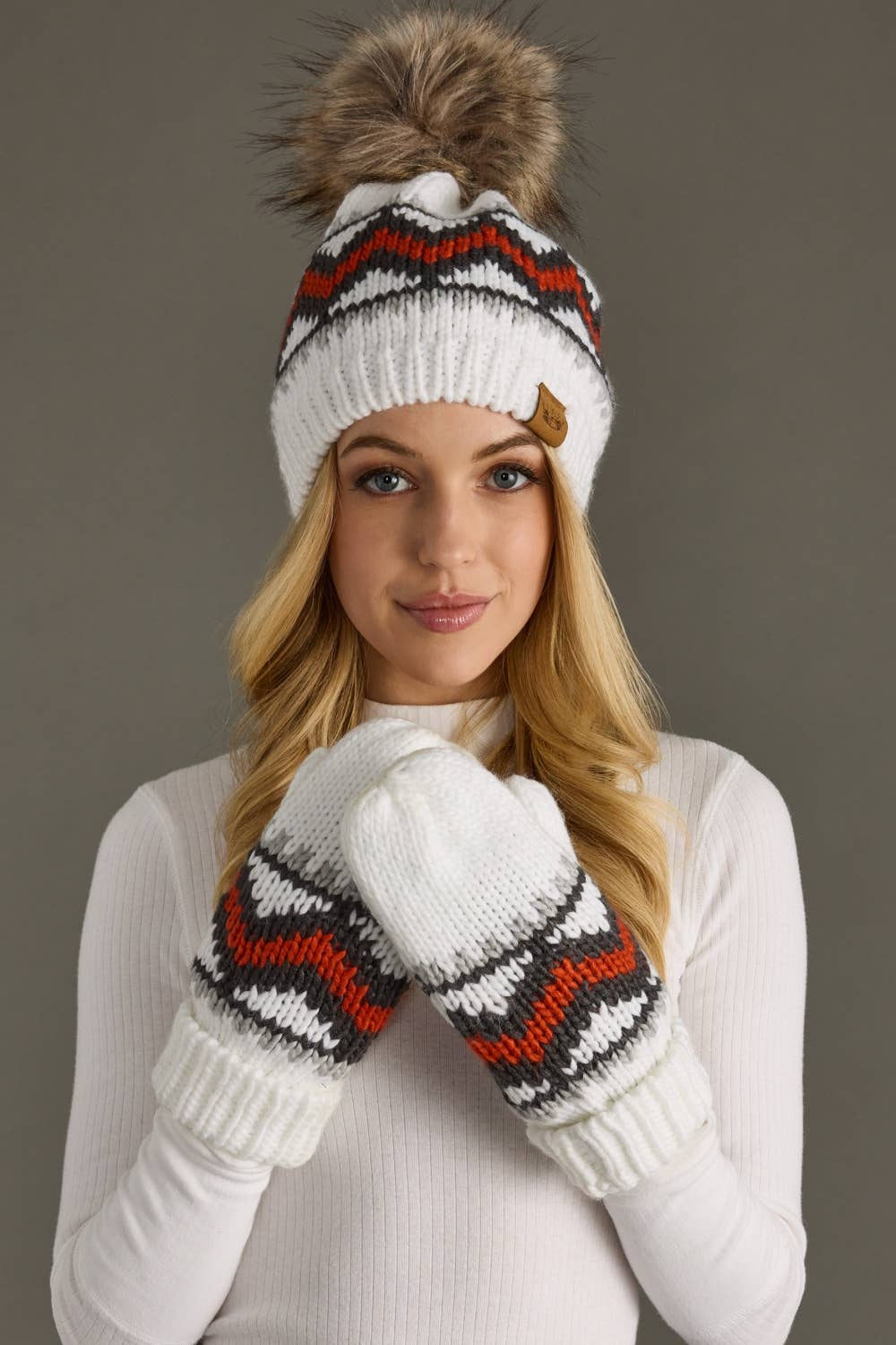 White, Red & Gray Patterned Pom Hat