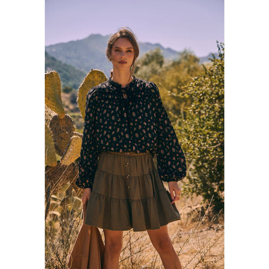 BREEZY FALL DAYS VELVET FLORAL BLOUSE WITH DELICATE RUFFLES
