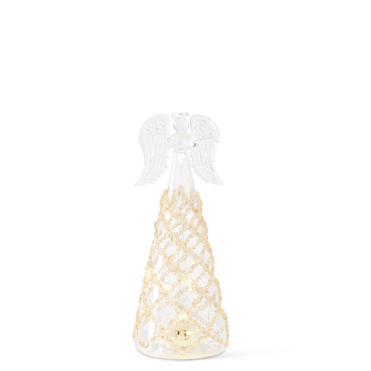 Set of 3 Glass Lattice Gold Bead LED Tall Angels w/ Timer