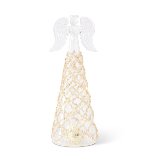 Set of 3 Glass Lattice Gold Bead LED Tall Angels w/ Timer