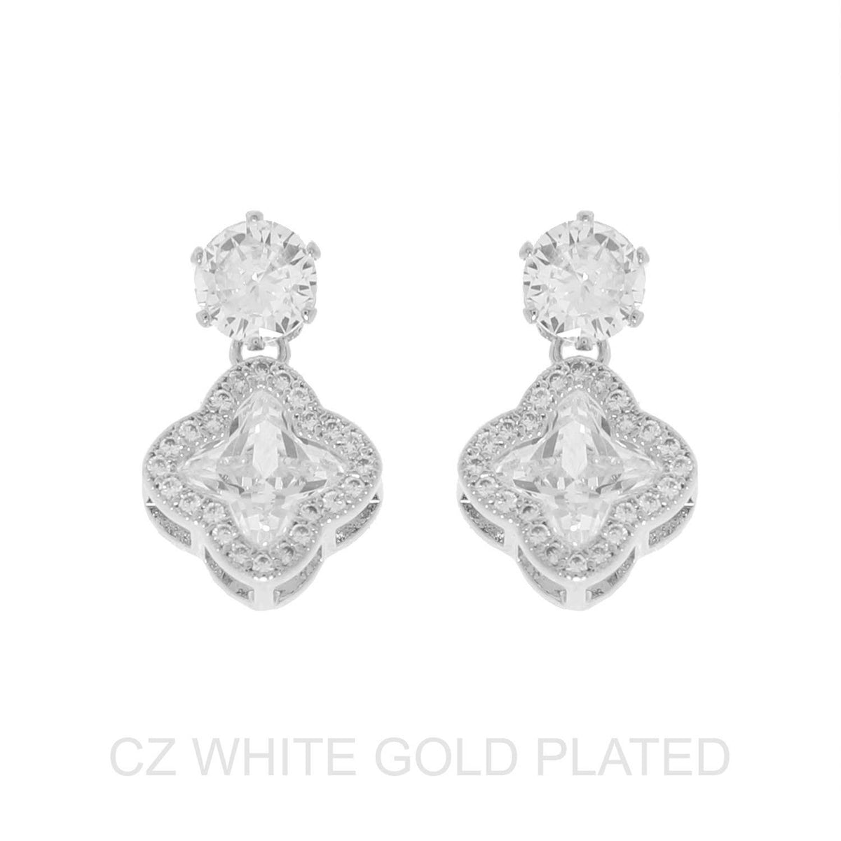 2-Tier Gold Plated CZ Quatrefoil Drop Earrings