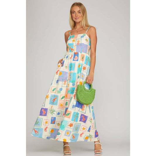 LAST CHANCE - Coastal Tile Print Cami Maxi Dress with Pockets