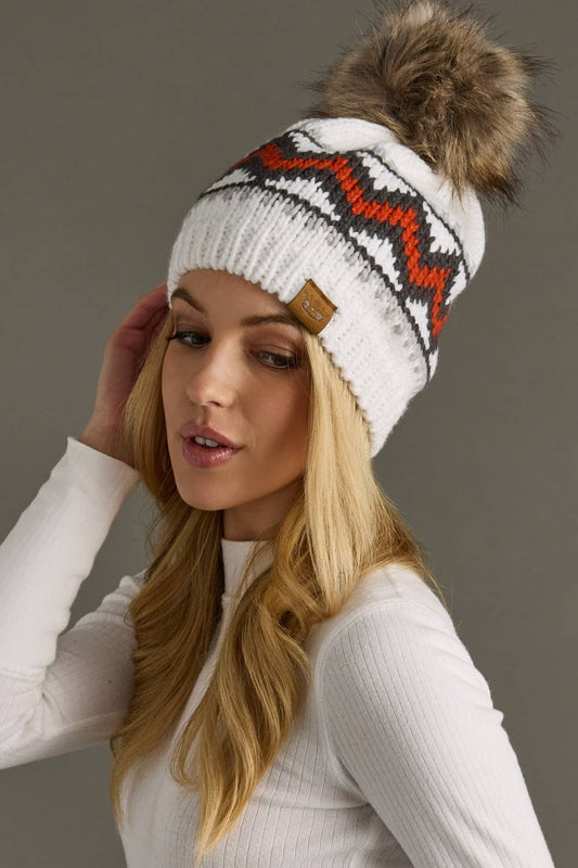 White, Red & Gray Patterned Pom Hat