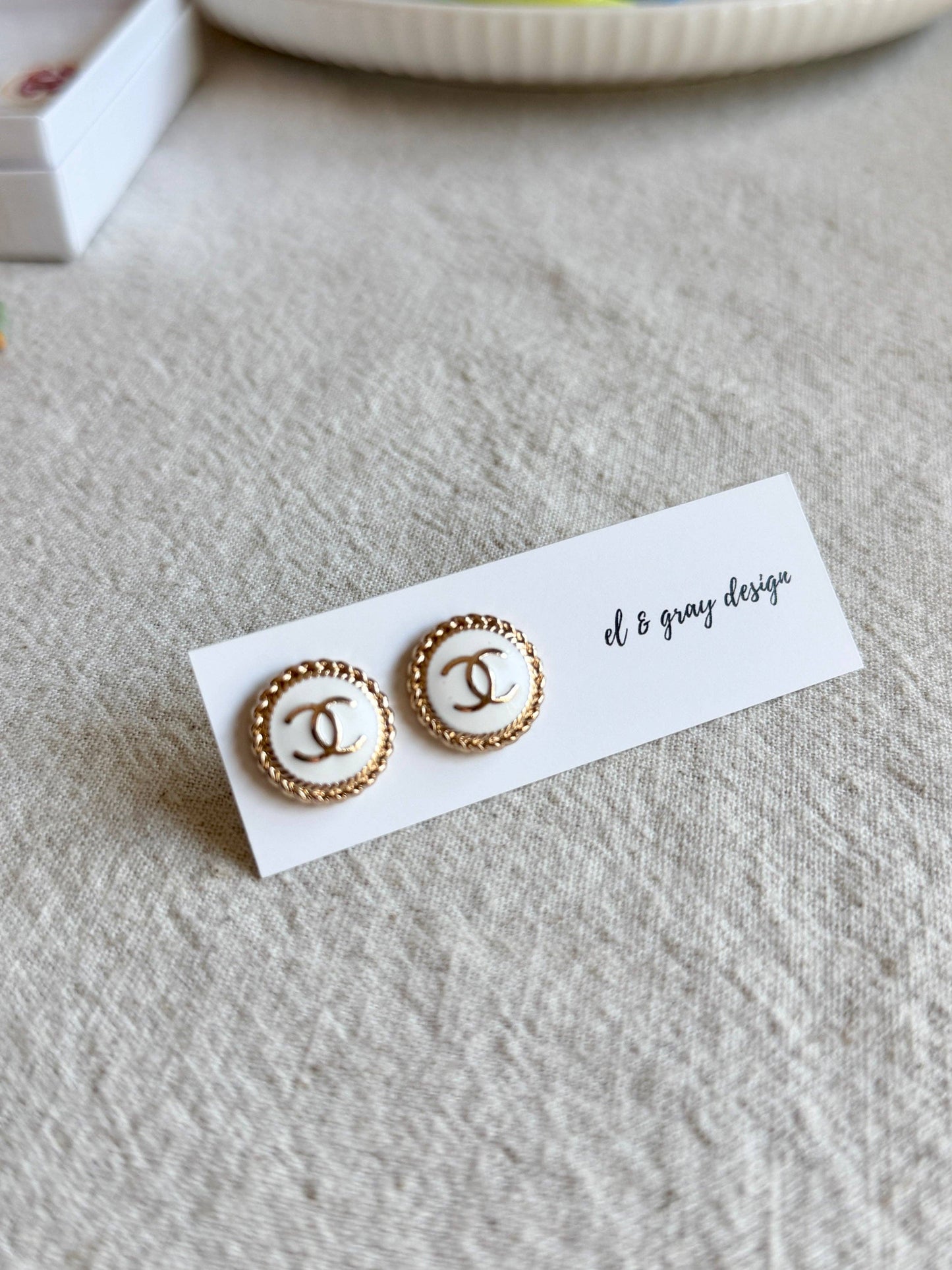 Upcycled CC White & Gold Circles Pendant Earrings