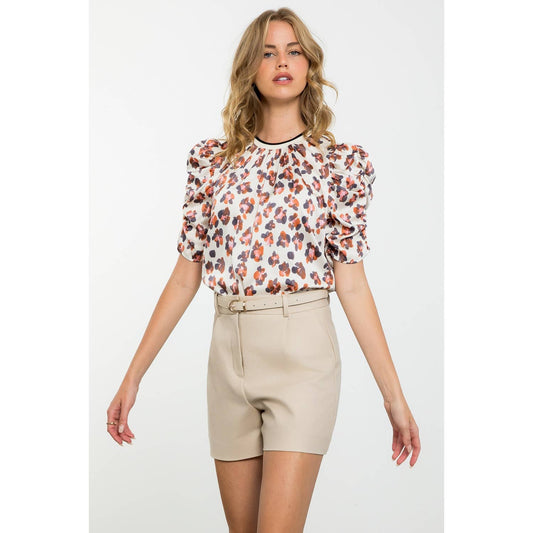 Ruched Sleeve Print Top