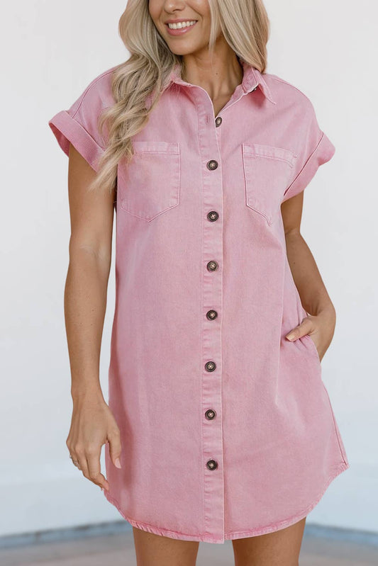 Chest Pocket Short Sleeve Denim Shirt Dress | S-XL