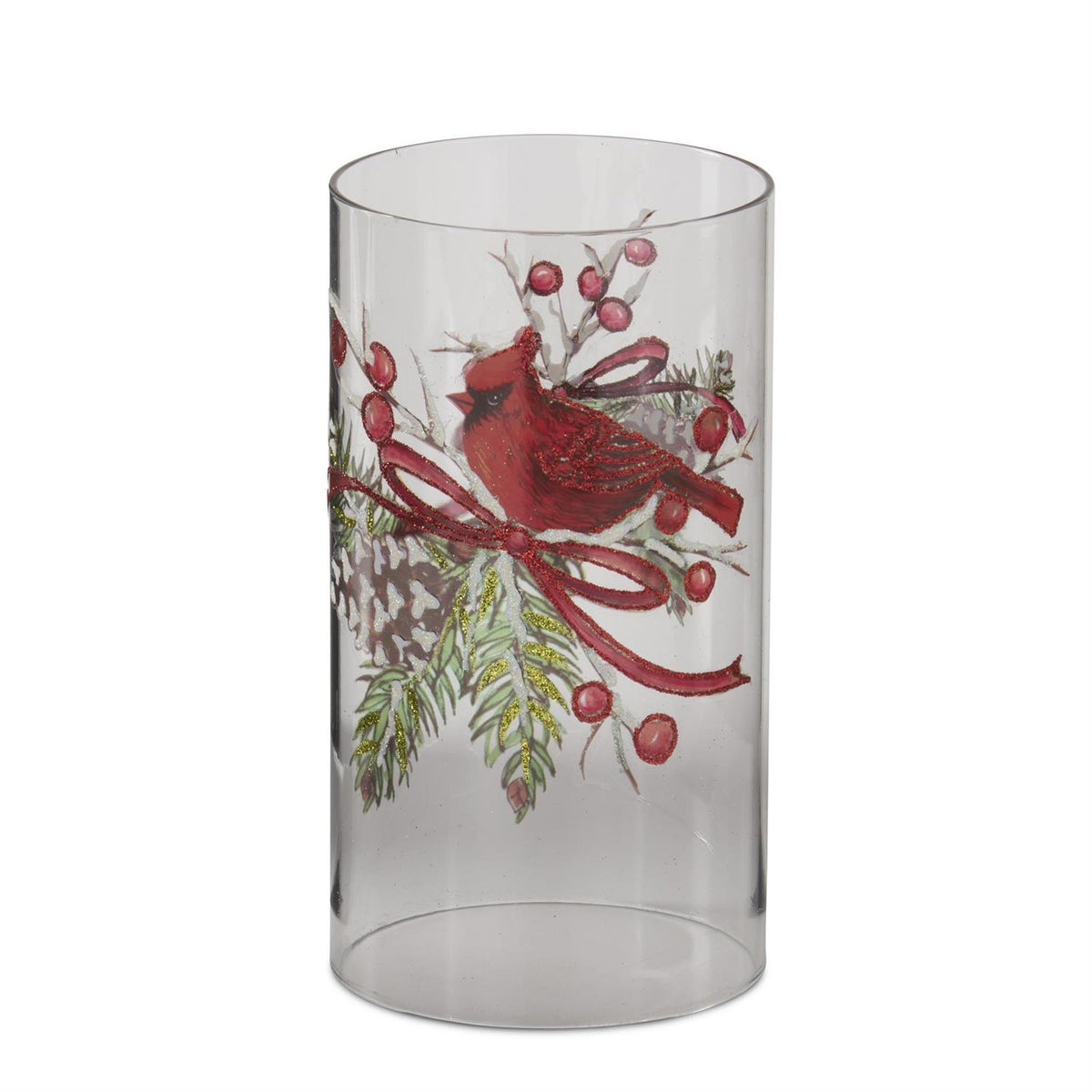 Cardinal & Pinecone 7.75" Glass Candle Slip Cover