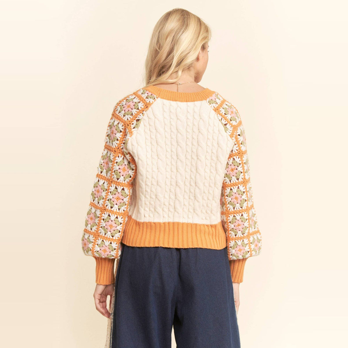 Cable Knit Sweater With Crochet Floral Sleeves