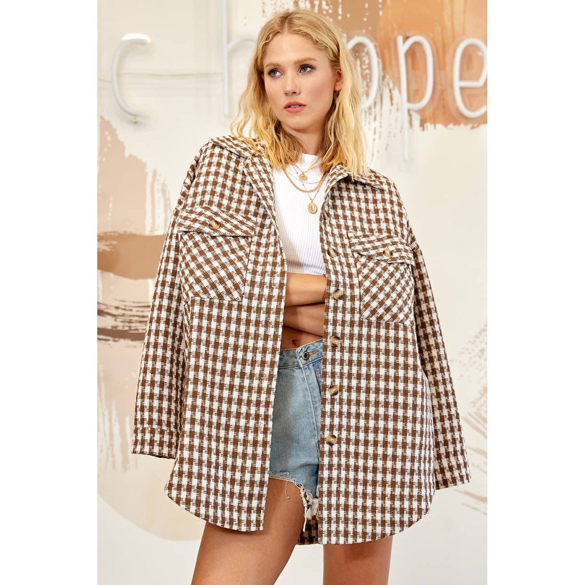 PLAID JAQUARD BUTTON DOWN OVERSIZE JACKET
