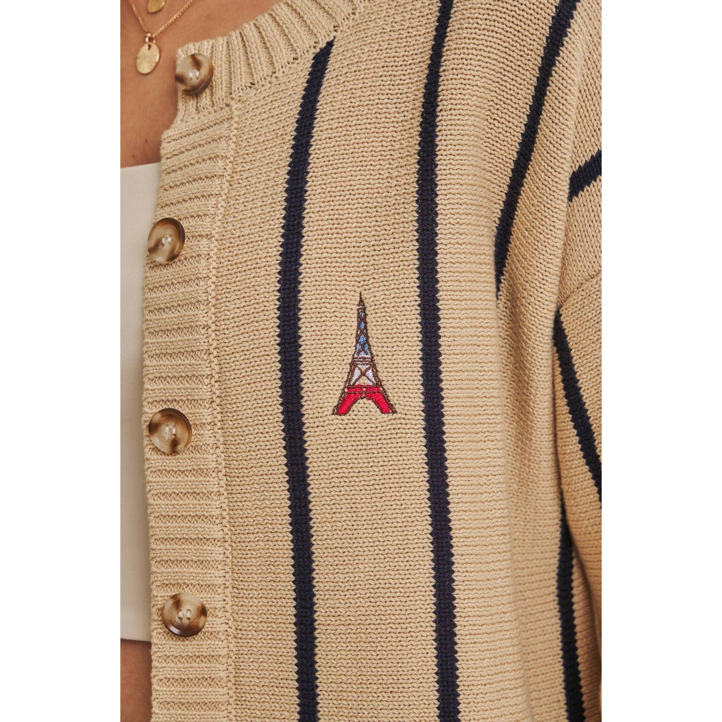 CITY POSTCARD EMBROIDERED STRIPE BUTTON-DOWN CARDIGAN