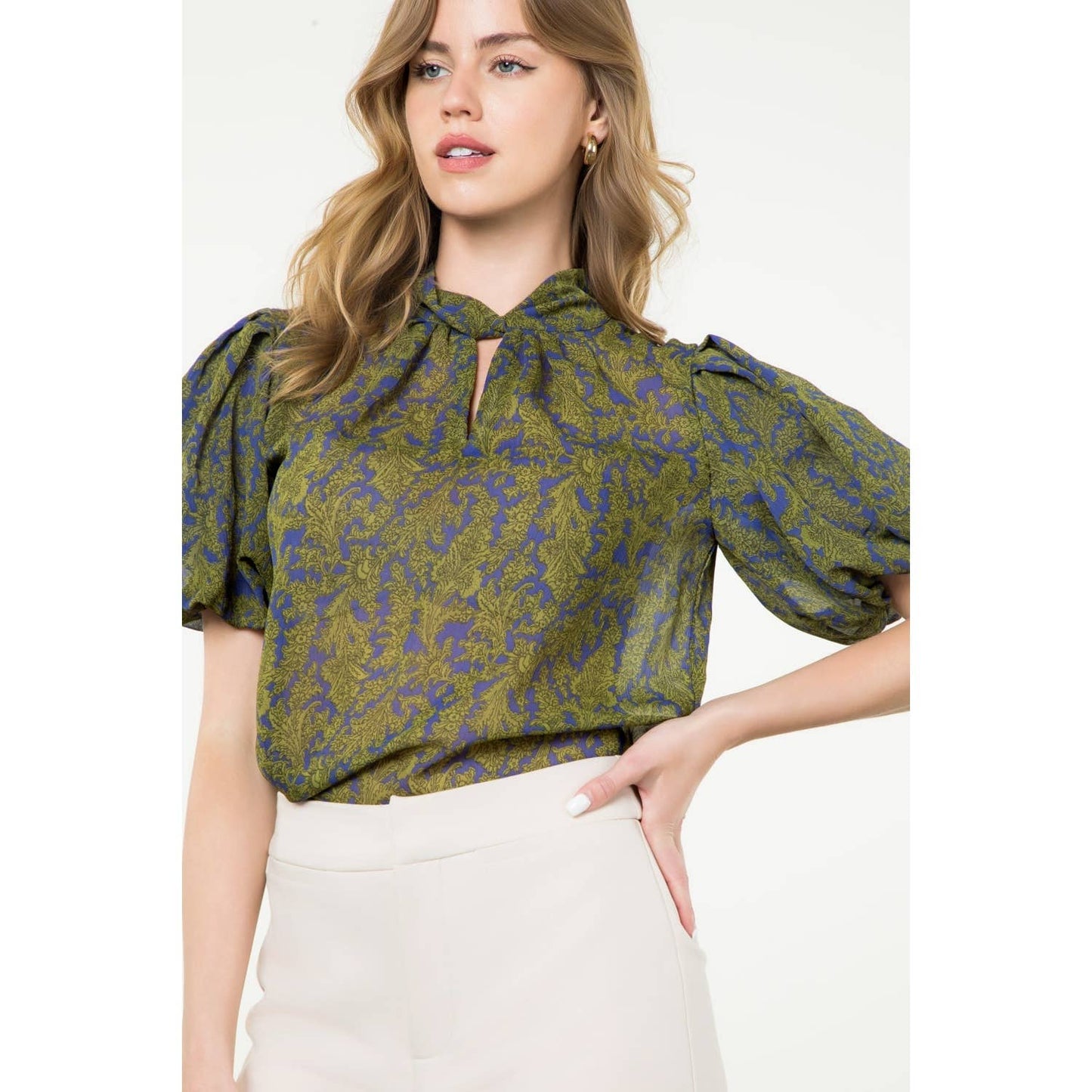 Twist Neck Puff Sleeve Print Top