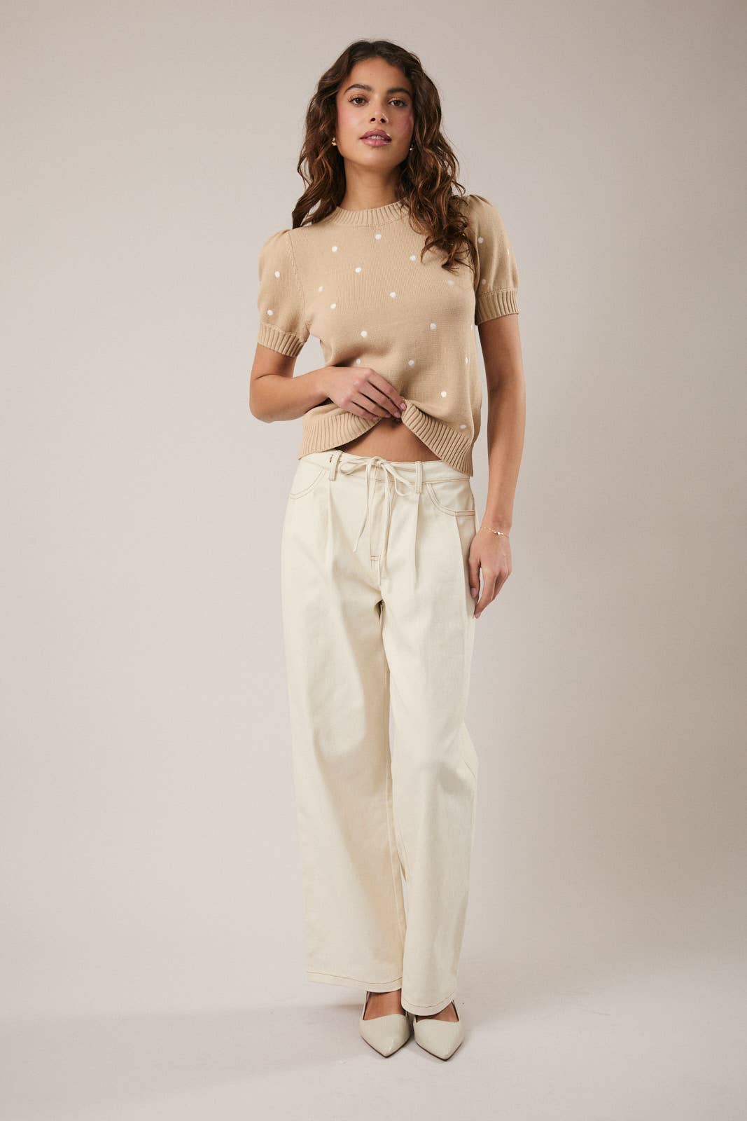 Drawstring Waist Pleated Twill Wide Leg Pants - Cream