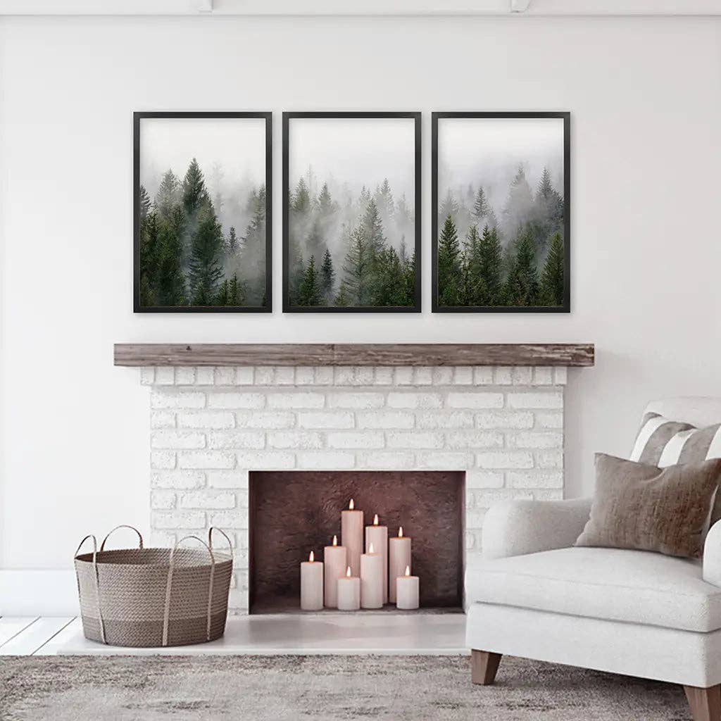 Green Pine Tree Forest. Foggy Nature Wall Art Print