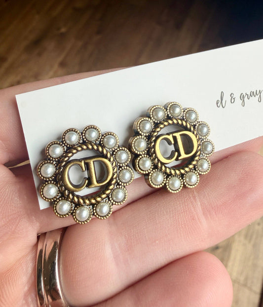 Upcycled Dior Pearl Designer Pendant Earrings