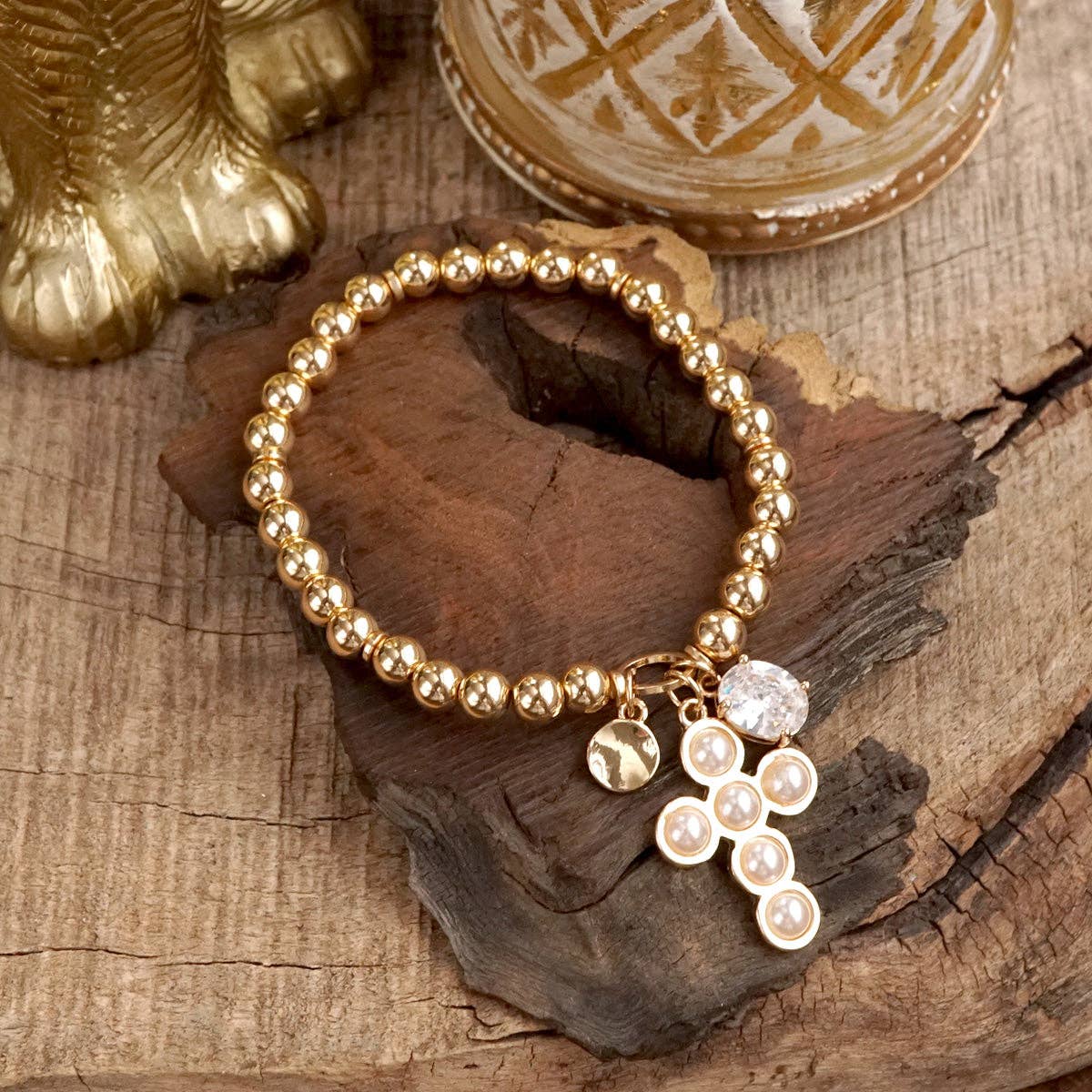 Golden Keepsakes Charm Cluster Stretch Bracelet with Beads and Stones