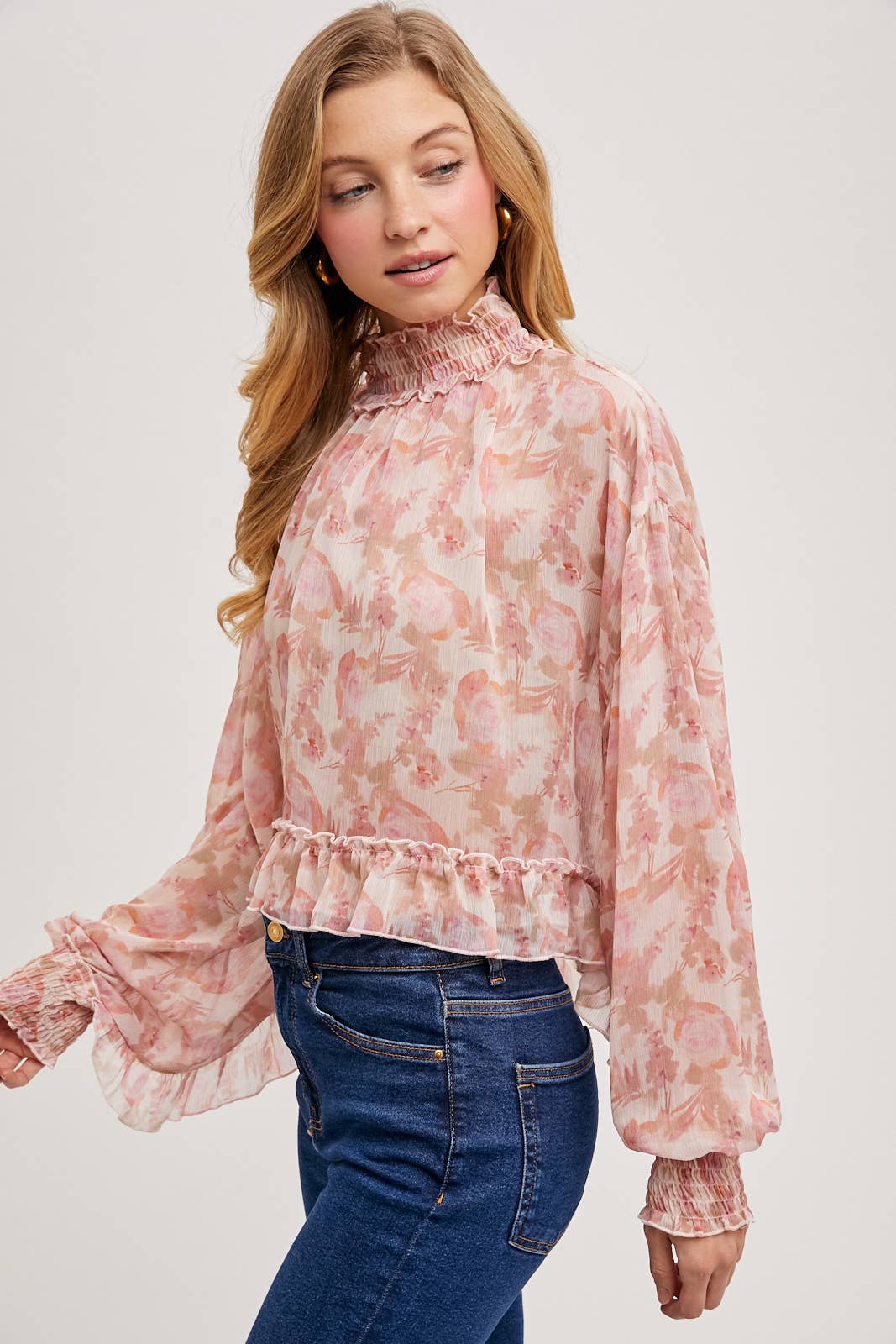 FLORAL PRINT RUFFLED MOCK NECK CHIFFON TOP