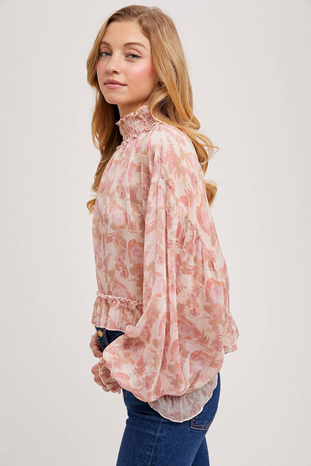 FLORAL PRINT RUFFLED MOCK NECK CHIFFON TOP
