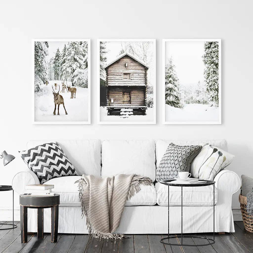 Winter Landscape Wall Art Print. Deer, Log Cabin, Forest