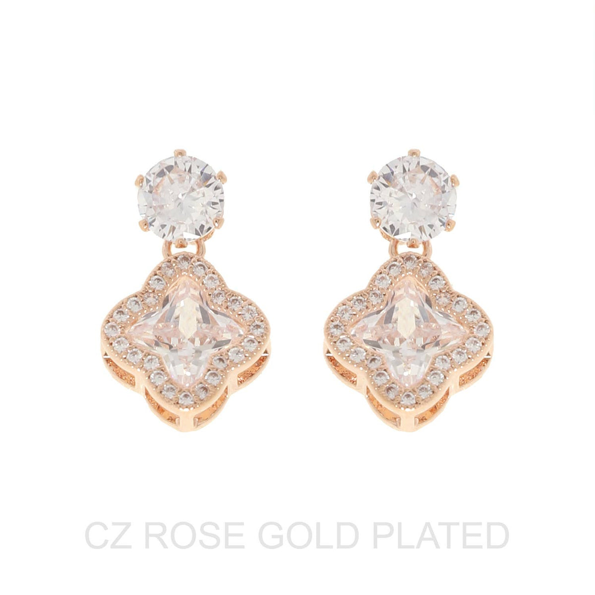 2-Tier Gold Plated CZ Quatrefoil Drop Earrings