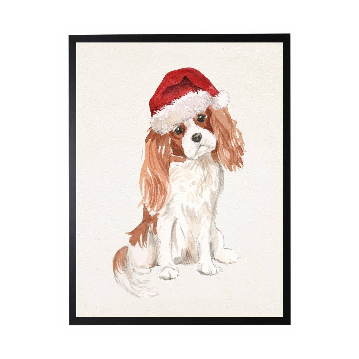 Watercolor King Charles w/ Santa Hat