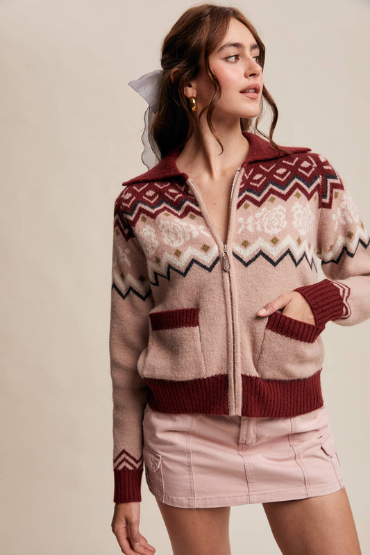 Retro Floral Knit Zip-Up Cardigan