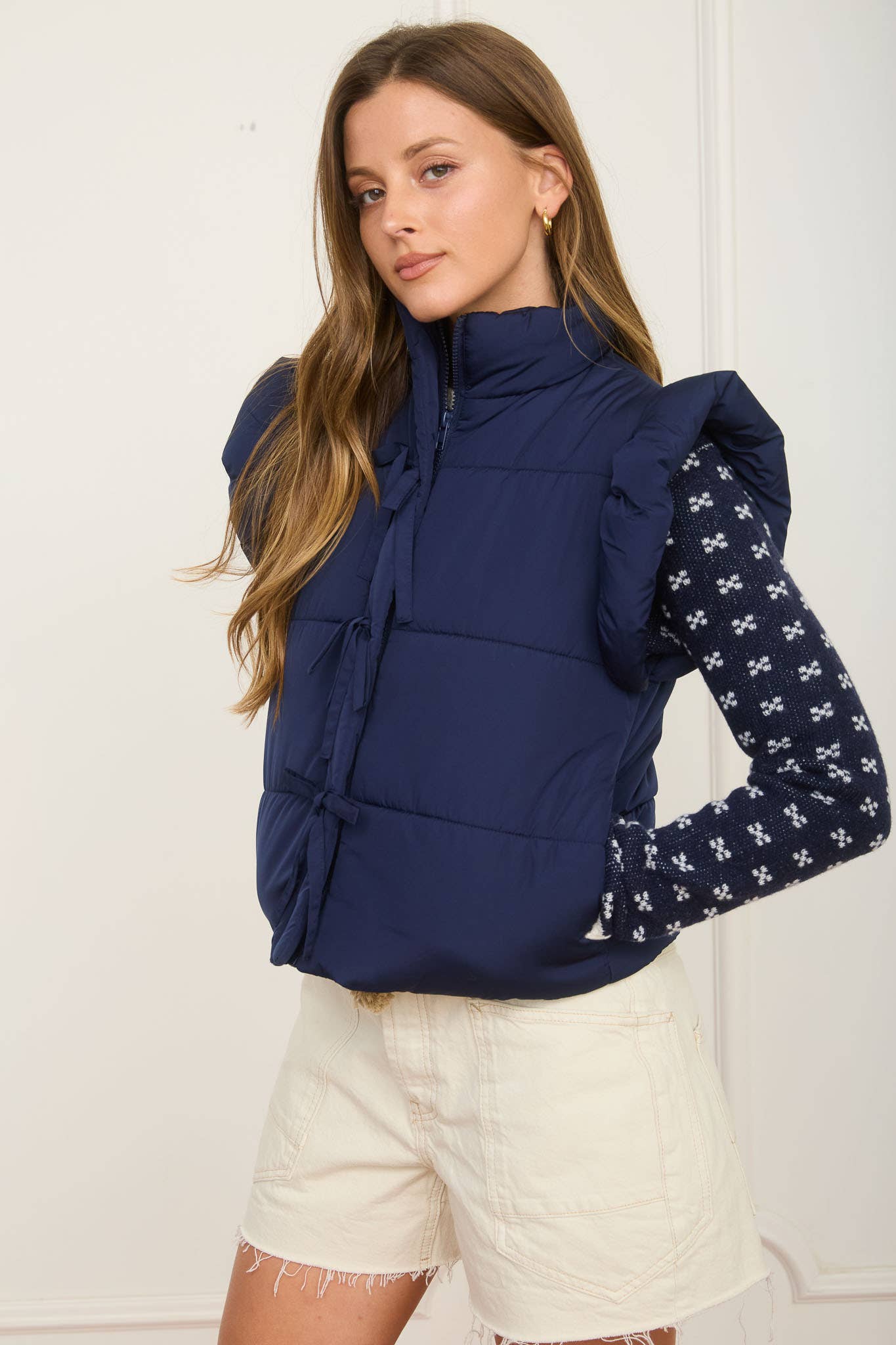 Flutter Sleeve Bow Detail Puffer Vest - Navy