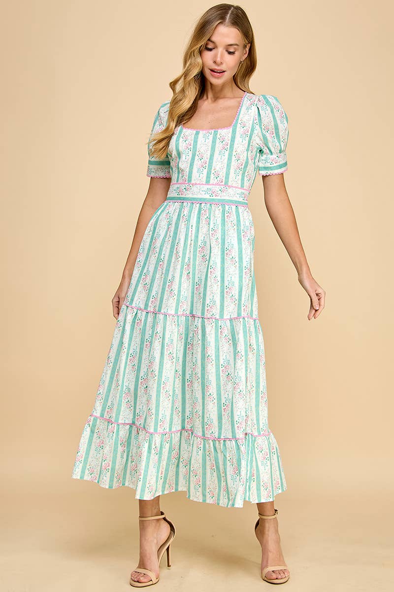 Pastel Floral Stripe Puff Sleeve Midi Dress
