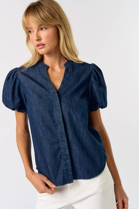 ILT5102 Denim Button Down Top With Short Puff Sleeves