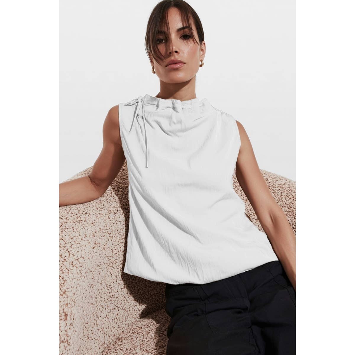 Cinched Mock Neck Sleeveless Top