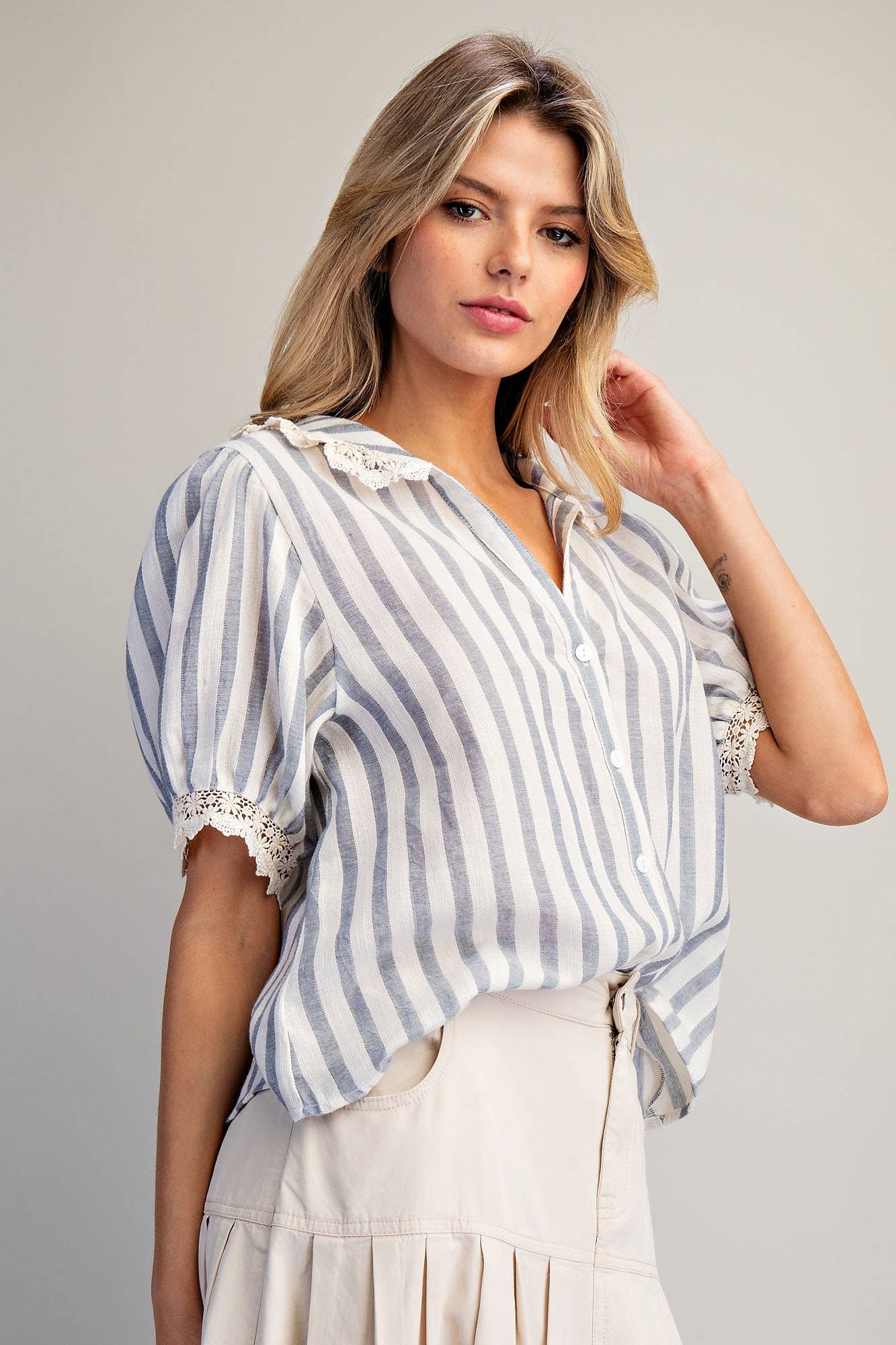 LACE TRIMMED STRIPED BUTTON DOWN SHIRT