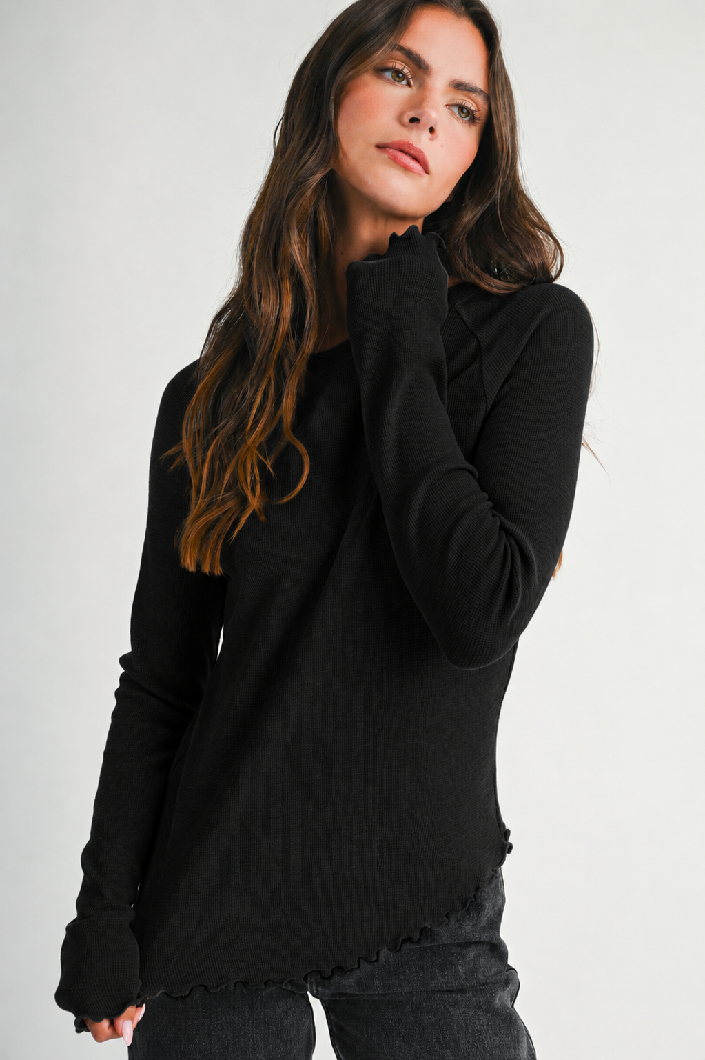 Thermal Knit Lettuce Edge Long Sleeve Top