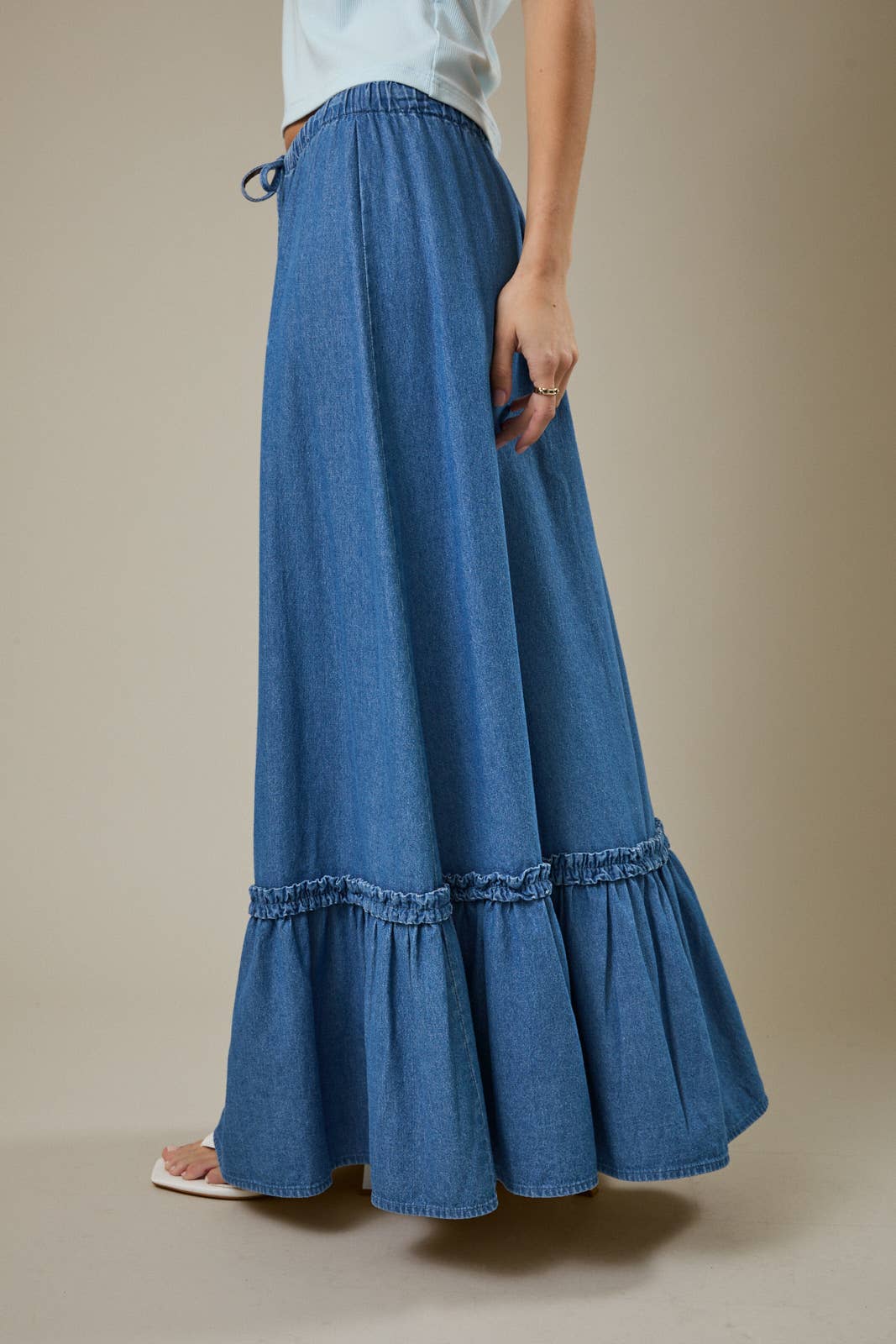 Tiered Denim Maxi Skirt with Drawstring Waist