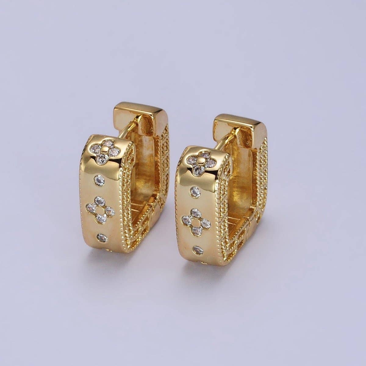 24K Gold Filled Clear Quatrefoil CZ Square Huggies Earrings