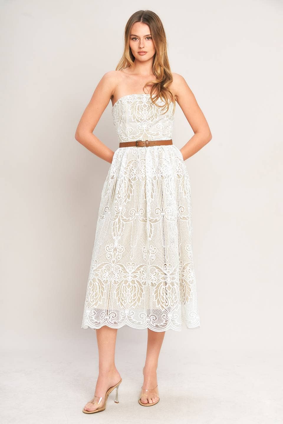 Strapless Lace Midi Dress with Belt - White