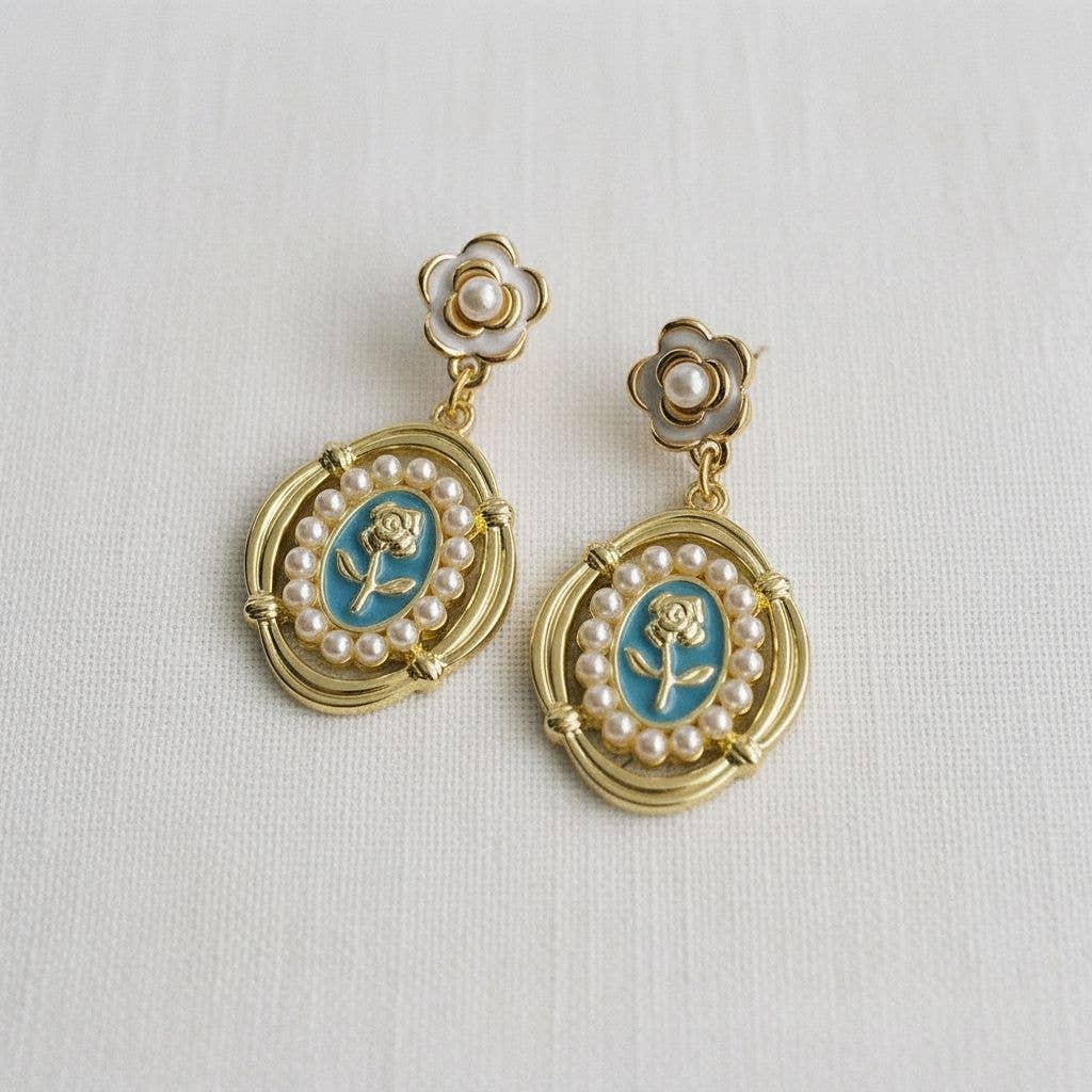 Vintage Inspired Blue Floral Pearl Dangle Earrings