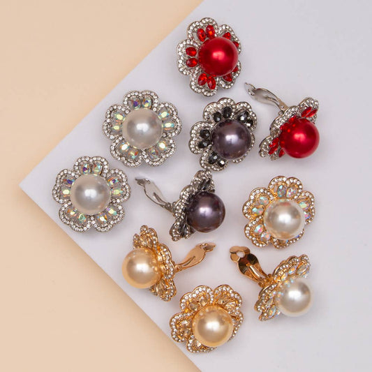 Pearl Crystal Flower Clip-On Earrings with Rhinestone Accent