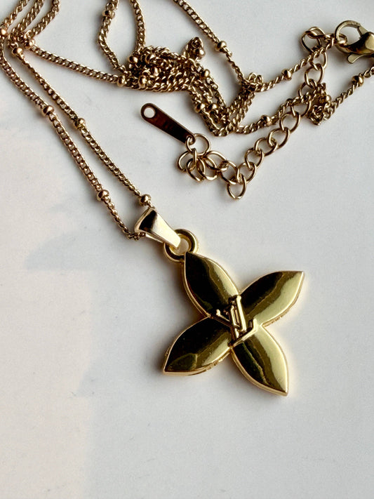 Upcycled LV Designer Four Petal Blossom Necklace