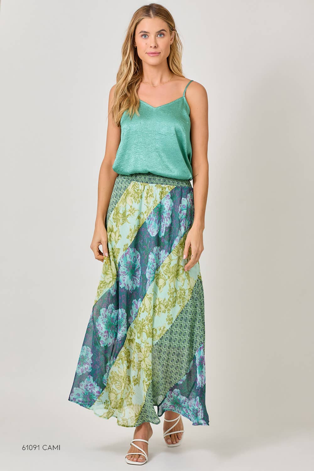 Mixed Print Flowy Midi Skirt - Green