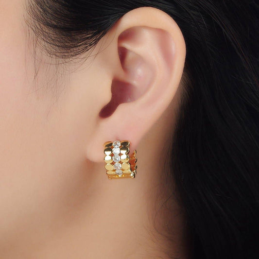 24K Gold Filled 15mm Triple Flat Round CZ Huggie Earrings