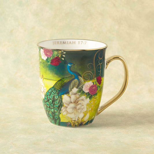 Mug Blue/White Peacock Blessed Jer. 17:7