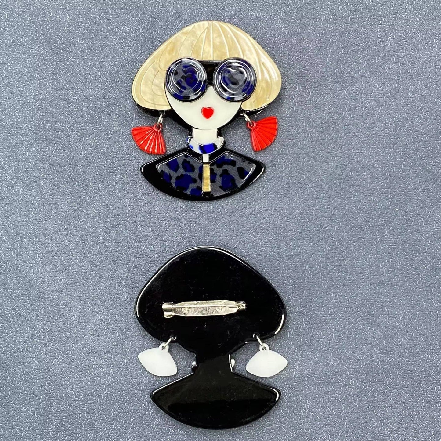 Girl with Leopard Print Glasses Acrylic Brooch