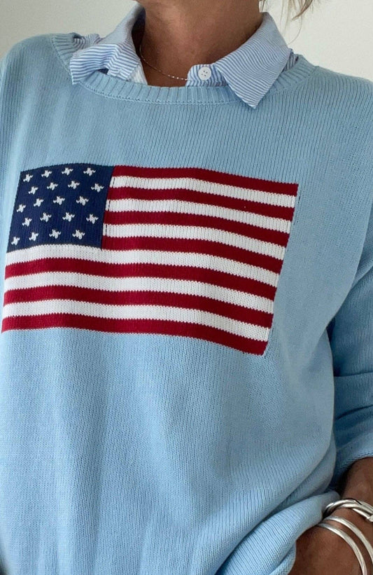 Light Blue American Flag Cotton Sweater